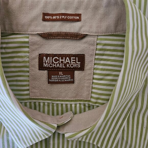 Michael Kors Sage green/white Stripe short Sleeve Collared Button down Casual XL - Picture 3 of 5